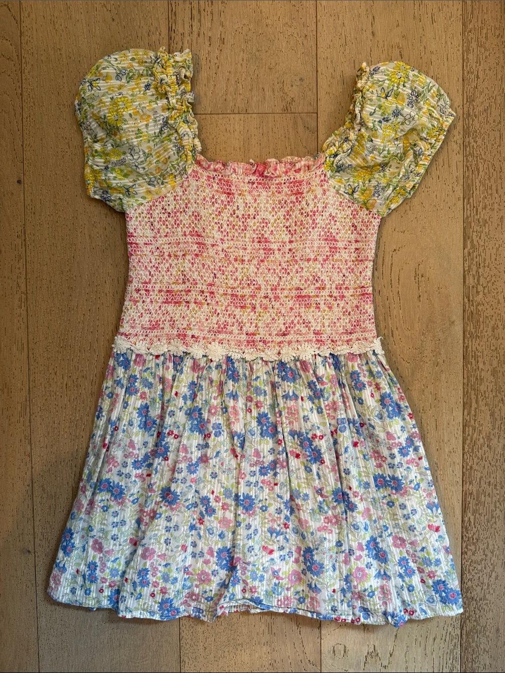 LoveShackFancy Girls Floral Smocked Dress in Pink, Blue & Yellow